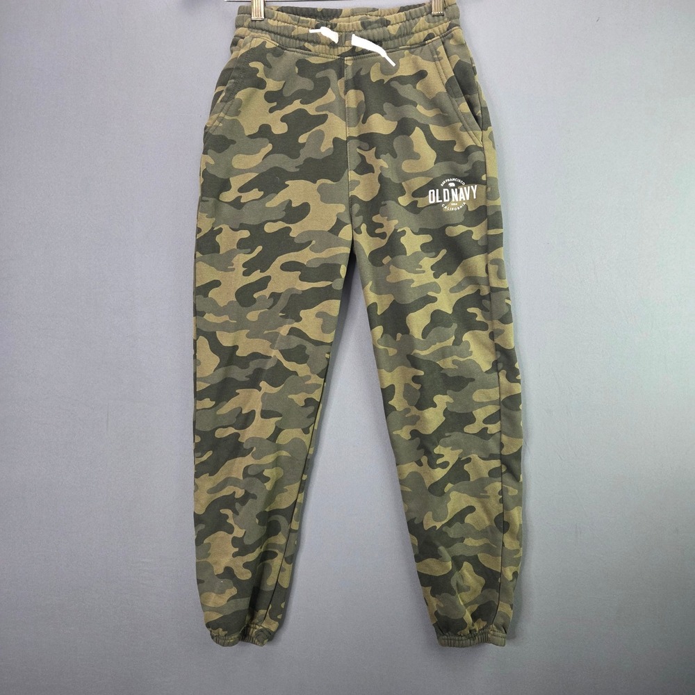 Old Navy Boys Jogger Sweatpants L 10-12 Green Camo Fleece Graphic Logo Joggers